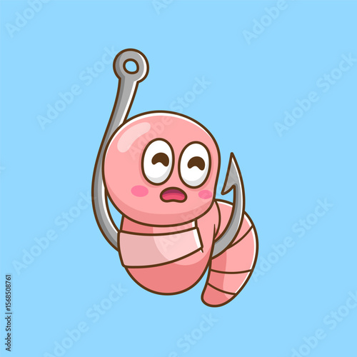 illustration of cute cartoon worm on fishing hook