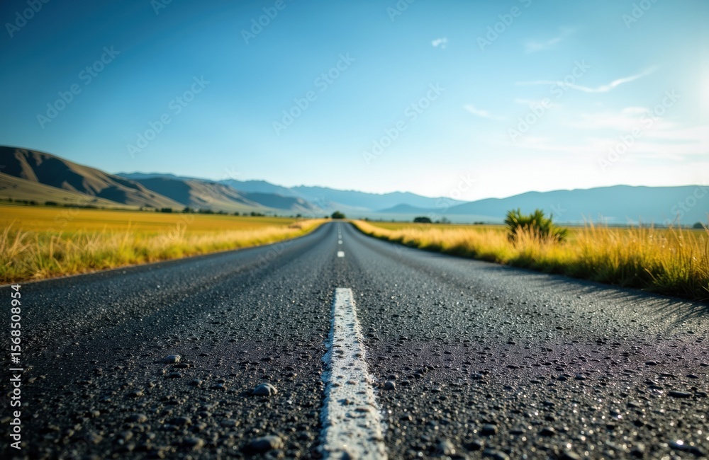 Naklejka premium A long empty road stretches into the distance through open countryside under a bright blue sky