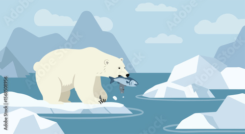Polar Bear Catching Fish in Icy Waters