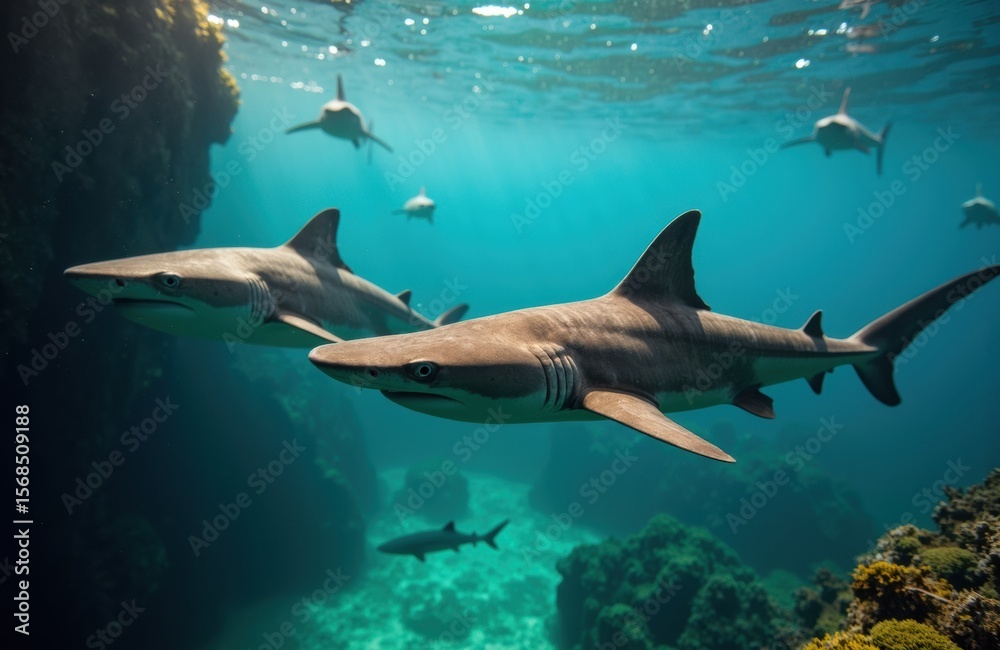 Fototapeta premium Group of sharks swimming underwater near coral reefs in clear blue ocean water