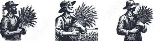 Heavy lined vector illustration of farmer holding a bundle of wheat in natural rural field, agriculture harvest scene, rustic countryside, organic farming, outdoor farm worker, eco agriculture design