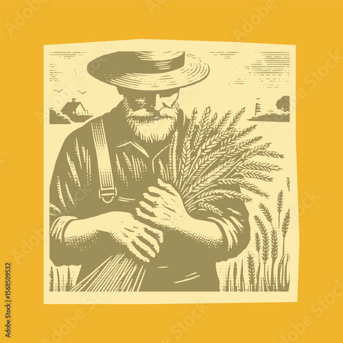 Olive color halftone effect vector of farmer holding a bundle of wheat in nature, rural agriculture scene with wheat stalks, harvest countryside, postal stamp style illustration design