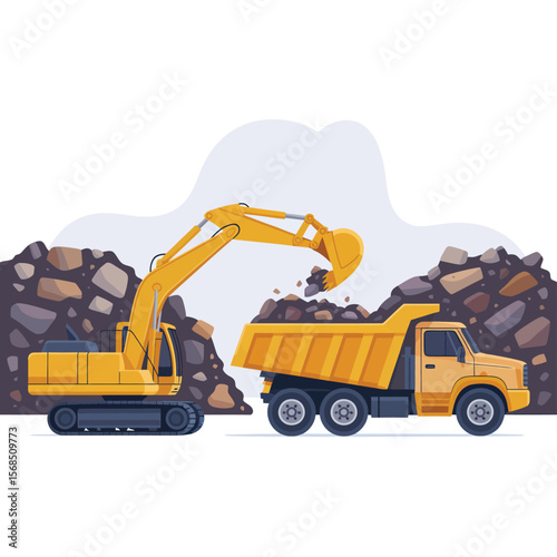 Excavator Loading Dump Truck with Rocks