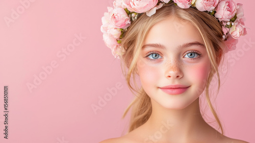 A young girl with a pink flower headband is smiling at the camera
