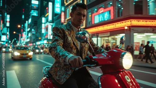 A young caucasian couple on a red scooter riding through a vibrant, neon-lit city street at night, surrounded by illuminated signs and blurred urban activity. Concept of urban nightlife