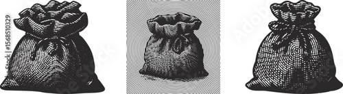 Rustic Burlap Sack Vector Illustration Bundle with Heavy Lined Effect – Vintage Hand Drawn Textile Packaging Bag Sketches for Organic Product, Farm Market, Eco Branding Design