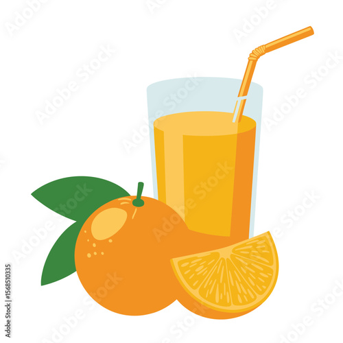 Fresh Orange Juice with Straw and Fruit