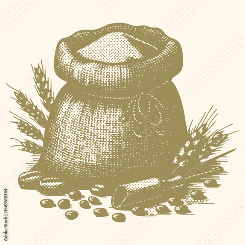 Green Burlap Sack with Halftone Texture Effect – Vintage Grainy Postal Stamp Vector Illustration of Rough Fabric Texture in Sack Shape – Isolated Grunge Design for Retro Print Projects