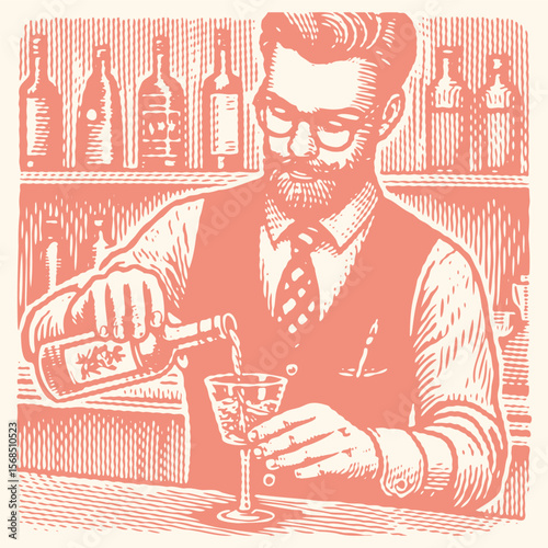 Pink Halftone Bartender Pouring Drink Vector – Well-Dressed Barman in Vest at Bar with Bottle and Glass – Vintage Postal Stamp Style Halftone Illustration for Mixology Art Projects