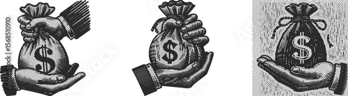 Heavy lined effect vector bundle of hand holding money bag with dollar symbol, finance concept illustration, business wealth icon, strong bold graphic design, money symbol art