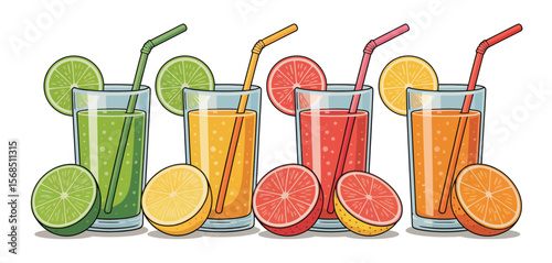 Colorful Fresh Fruit Juices in Glasses with Straws