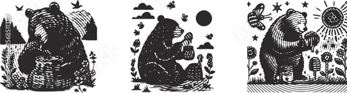 Heavy lined effect vector bundle featuring a detailed bear eating honey in summer scene, wildlife nature illustration with bold strokes, perfect for seasonal designs and animal-themed projects