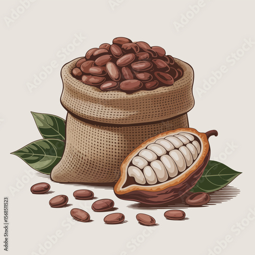 Cocoa Beans in Sack and Cocoa Pod Illustration