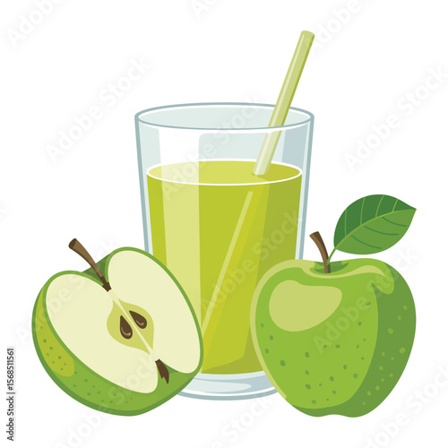 Fresh Green Apple Juice in Glass with Straw