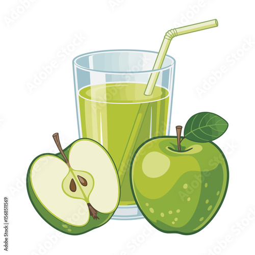 Fresh Green Apple Juice in a Glass with Straw