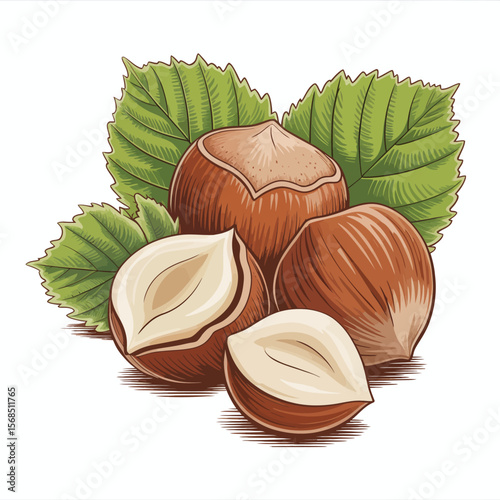 Hand Drawn Hazelnuts with Leaves