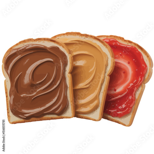 Three Slices of Toast with Chocolate Nutella Peanut Butter and Strawberry Jam