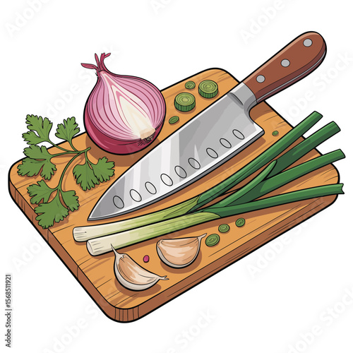 Chopped Vegetables and Herbs on a Wooden Cutting Board with Knife