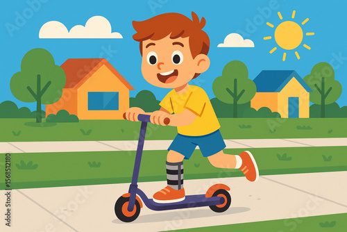 Cheerful Boy with Leg Brace Riding Scooter on Suburban Sidewalk Vector
