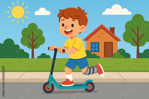 Cheerful Boy with Leg Brace Riding Scooter on Suburban Sidewalk Vector