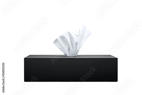 A single white tissue is pulled from a sleek black rectangular tissue box isolated on transparent background