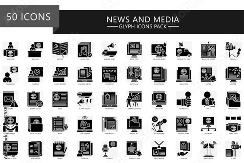 News and media glyph icons set. contain anchor, note, article, breaking news, feed, camera, editor, video, post, magazine, podcast and more. Vector for UI, UX kit, web and app journalism, broadcasting