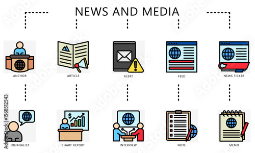 News and media outline color icons. Contain anchor, article, alert, feed, news ticker, journalist, report, interview, note, memo and more. Vector for UI, UX kit, web and app journalism, broadcasting.