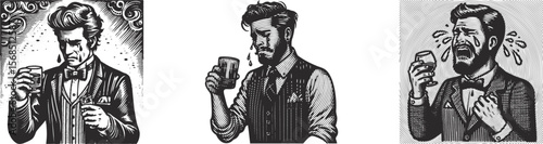 Heavy lined effect vector bundle featuring a nicely groomed gentleman crying in a vest holding a glass of drink, emotional portrait, stylish man, detailed line art, expressive design set