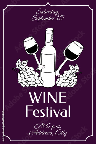 Poster, flyer Wine festival, wine, bottle, glass, grapes, wine color base