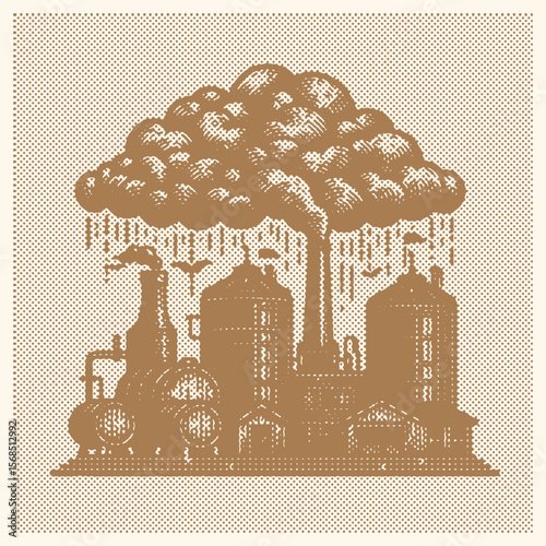 Vintage Brewery with Cloud Scene Halftone Style – Retro Postal Stamp Vector Illustration Featuring Distillery Building and Sky Elements – Classic Engraved Effect Design