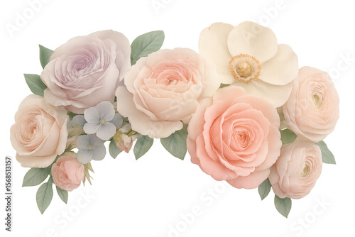 Soft pastel roses and anemones create a beautiful floral arrangement, perfect for adding a touch of elegance to any design with its transparent background