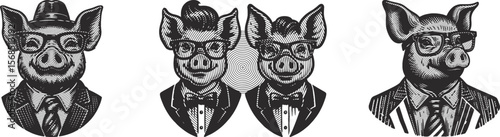 Vintage Pinup Pig Character in Glasses and Suit Vector Illustration Bundle – Retro Comic Style Heavy Line Effect Animal Portrait for Posters, Prints, Stickers, and Apparel