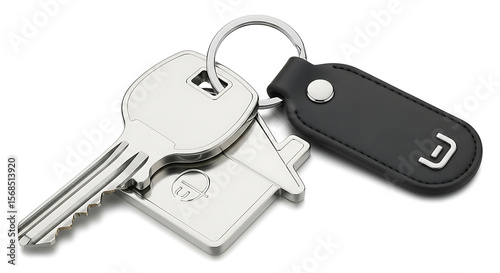 A close up shot of a silver key with a house shaped keychain and a black leather keychain ring on white