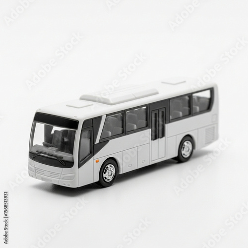 A toy airport bus in white and gray, with small windows, plastic, on white