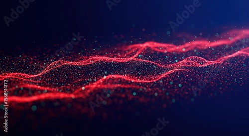 Abstract digital landscape with dynamic red and blue particle waves on a dark background representing data flow and futuristic technology concepts
