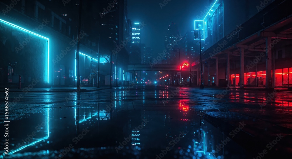 Obraz premium Urban street scene at night with vibrant neon lights reflecting on wet pavement in a futuristic cityscape with skyscrapers and a moody atmosphere