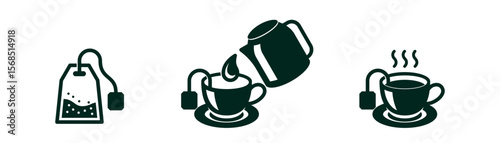 Tea brewing icons of preparing teabag and tea brew instructions, vector. Cup and tea bags with kettle for instruction line icons