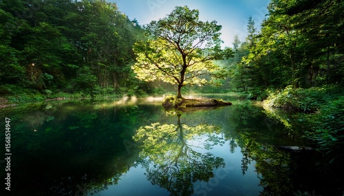a luminous tree reflected in a serene pond surrounded by a dense forest under soft lighting effects