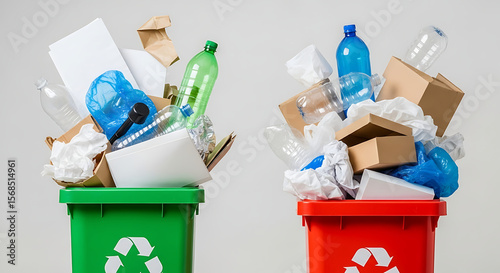 Two recycling bins filled with various types of waste against a plain background in a studio shot