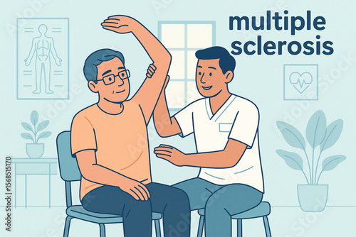 Man with Multiple Sclerosis Doing Gentle Stretches with Physical Therapist Vector