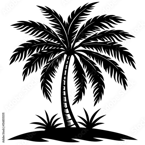 Black silhouette of a tropical palm tree with fronds and a textured trunk isolated on white background