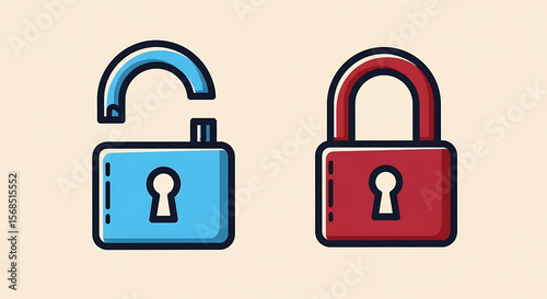 Illustration of a blue unlocked padlock and a red locked padlock on a light beige background color