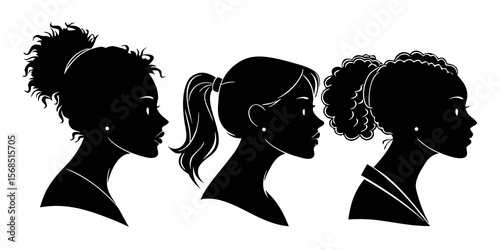 Three diverse female silhouettes with different hairstyles in profile view isolated on white background