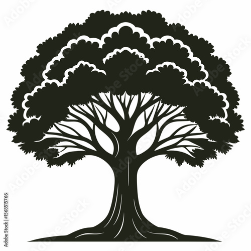 Stylized silhouette of a large deciduous tree with a thick trunk and sprawling branches isolated on white background
