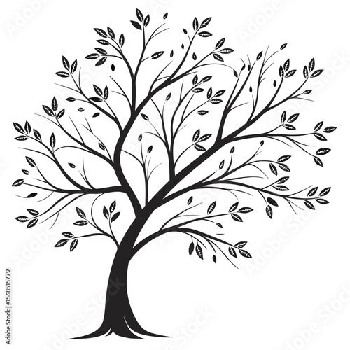 Stylized black silhouette of a tree with delicate leaves isolated on white background