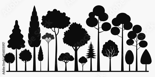 Collection of diverse tree silhouettes in various shapes and sizes isolated on white background