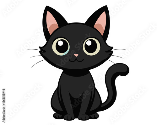Cute cartoon black cat with big eyes sitting and looking forward isolated on white background