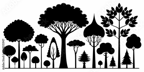 Collection of diverse black tree silhouettes in various shapes and sizes isolated on white background