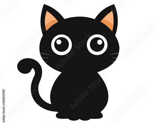 Cute cartoon black cat with big round eyes and orange inner ears isolated on white background