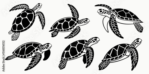 Collection of six stylized black sea turtle silhouettes in various swimming poses isolated on white background
